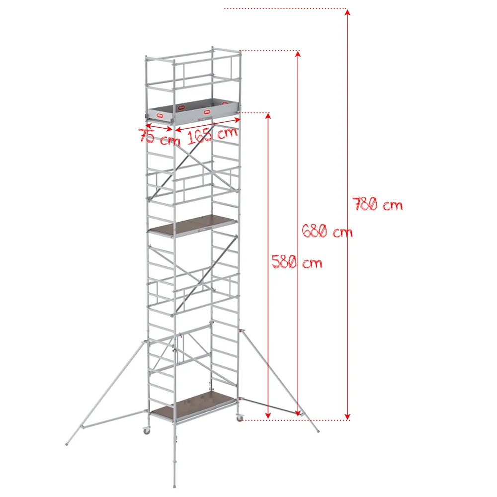 wizualizacja wymiarów rusztowania aluminiowego serii 3400 - wysokość robocza 7,80 m